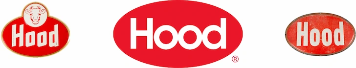 Evolution of the Hood dairy logo showing three variations: a vintage red oval logo with a cow mascot icon on top, the modern clean red oval with bold white Hood wordmark, and a weathered vintage metal sign version with distressed texture.