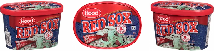 Three views of a Hood Red Sox Green Monster Mint ice cream tub with red lid and blue label featuring chocolate chunks and mint ice cream, showing side, top, and angled views with Boston Red Sox logo and Green Monster Mint flavor text.
