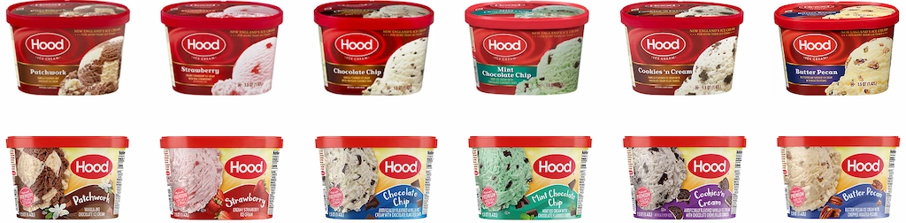 Top row: six previous Hood ice cream scround containers in red packaging with red lids — Patchwork, Strawberry, Chocolate Chip, Mint Chocolate Chip, Cookies 'n Cream, Butter Pecan. Bottom row: same six flavors in current Hood yellow packaging with yellow and white labels, red Hood logo oval, and large flavor scoop image