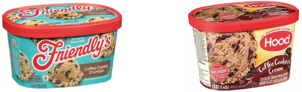 Side by side of redesigned Friendly's Coffee Cookie Crumble carton in teal with red lid and Hood Coffee Cookies and Cream carton in bright yellow with red lid showing modern packaging with flattened colors, no gold trim, sunshine ray graphics, and updated label layout on white background.
