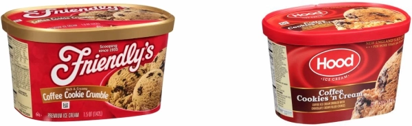 Side by side comparison of Friendly's Coffee Cookie Crumble premium ice cream carton on left with gold lid and Hood Coffee Cookies n Cream ice cream carton on right with red lid, both showing chocolate chip cookie pieces in coffee ice cream on white background.