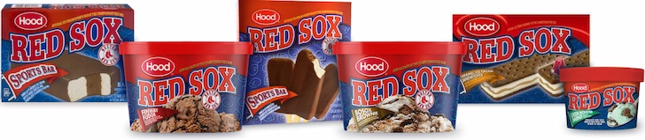 Hood Red Sox ice cream collection including Sports Bars, Chocolate Brownie Truffle, Vanilla Crunch, and mint sandwich boxes and cups with dark blue and swampy red background, artificial gradients, generic sports visuals, and stiff product photography with harsh white halo around treats.