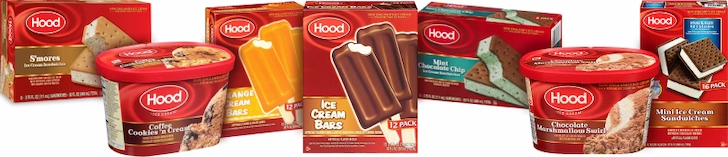 Hood ice cream product lineup on white background showing S'mores ice cream sandwiches, Coffee Cookies and Cream carton, Orange Cream Bars, Ice Cream Bars, Mini Chocolate Chip sandwiches, Chocolate Marshmallow Swirl carton, and Mini Ice Cream Sandwiches in red packaging.