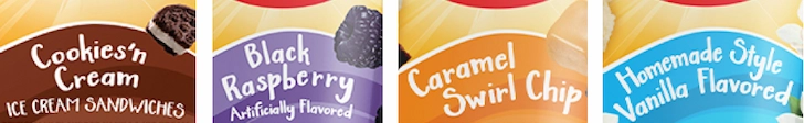 Close-up of new Hood ice cream sandwich flavor titles in playful handwritten font on curved paths showing legibility issues with Cookies n Cream, Black Raspberry, Caramel Swirl Chip, and Vanilla labels.