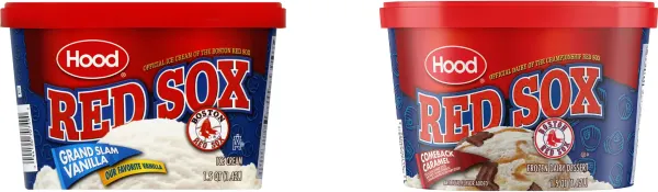 Two Hood Red Sox ice cream scround tubs with red lids and blue labels showing RED SOX lettering, Hood logo, and Boston Red Sox B logo — left Grand Slam Vanilla with vanilla scoop, right Comeback Caramel with caramel swirl and chocolate
