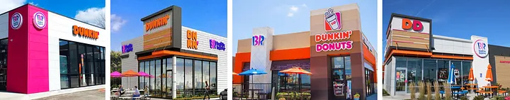 Collage of four modern co-branded stores: far left is white and hot pink with BR circles and orange DUNKIN' letters, next is gray and orange with BR and Baskin on the tower and pink umbrellas, next is white and orange with BR on the tower and brown DUNKIN' DONUTS sign with coffee cup, far right is beige and gray with DD and BR stacked on the corner and striped awnings.