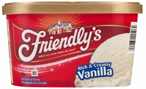 Red carton with golden lid with little restaurant illustration sitting above the Friendly's white logo. Big scoop of vanilla ice cream on the right side with bubbly lettering saying 'Rich & Creamy' and 'Vanilla'.