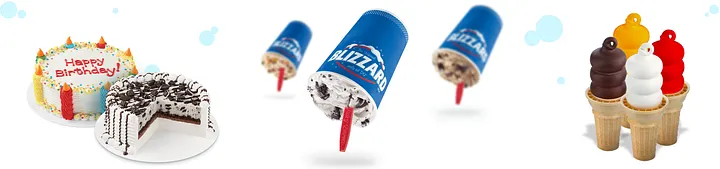 Dairy Queen items: a cake with Happy Birthday, three Blizzards flipped upsidedown and a selection of four soft serve cones that have been dipped in various hard-shell flavors.