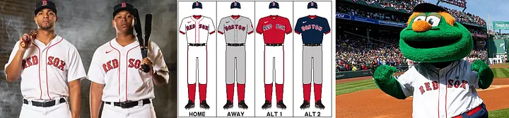 Two Boston Red Sox players in white home uniforms with red lettering and navy caps, four illustrated Red Sox uniforms labeled HOME, AWAY, ALT 1 in red, and ALT 2 in navy, and Wally the Green Monster mascot in a Red Sox jersey cheering on the field at Fenway Park.