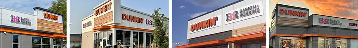 Collage of four modern co-branded stores: first shows white facade with BR Baskin Robbins and orange DUNKIN' signs and orange awnings, second shows beige building with orange DUNKIN' and BR channel letters on tower and overhang, third is low-angle of orange and white building with bold DUNKIN' and BR Baskin Robbins signs against blue sky, fourth shows gray and orange corner store with DUNKIN' on one side and BR on the other.