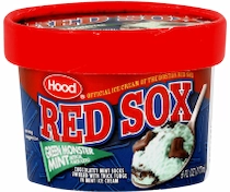 Hood Red Sox Green Monster Mint single-serve ice cream cup 3.75 ounce with red lid and blue label showing RED SOX lettering and mint chocolate chip scoop, without any logo