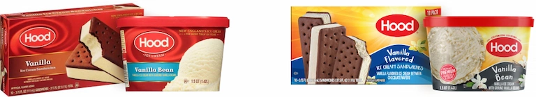 Side by side comparison of Hood Vanilla Ice Cream Sandwiches and Vanilla Bean carton before and after redesign, left side showing old red packaging with dark red background and yellowed vanilla filling, right side showing new packaging with bright yellow sunburst background, blue hills, Hood logo as sun, and white vanilla flowers and clean white filling for appetizing look.
