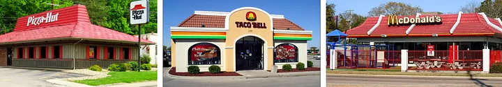 Three vintage fast-food storefronts from left to right: 1. old Pizza Hut with red shingled roof and Pizza Hut script sign, 2. old Taco Bell with stucco facade, red tile roof, rainbow stripe trim and arched windows, 3. old McDonald's with red mansard roof and yellow arches sign — showing the classic 80s/90s architecture before the modern rebrands