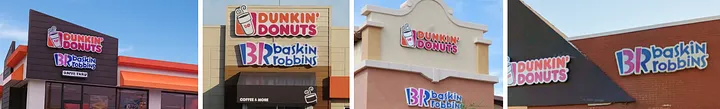 Collage of four co-branded storefronts: each shows vintage Dunkin' Donuts signage above Baskin-Robbins BR 31 signage in different architectural styles — brown wood panel, beige stucco with Coffee & More, tan stucco, and red brick.