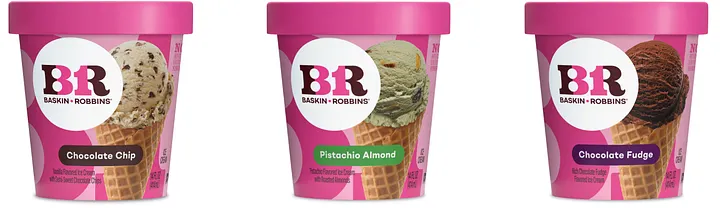 Three Baskin-Robbins ice cream cartons in a row: Chocolate Chip, Pistachio Almond, and Chocolate Fudge.