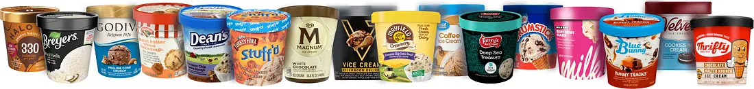 Horizontal lineup of eighteen ice cream pint containers on white background showing competing packaging styles — including Halo Top gold lid with 330 calories, Breyers black lid, Godiva blue, Dean's blue, Thrifty, Blue Bunny, and other budget, premium, and novelty brands in varied colors and typography
