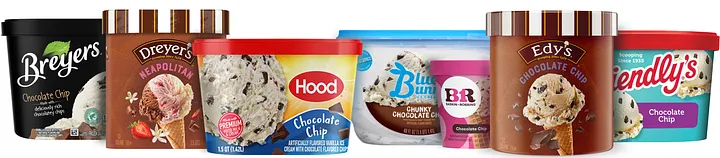 Six mid-tier family-size cartons from Breyers, Dreyer's, Hood, Blue Bunny, Edy's and Friendly's dwarfing a single tiny 14-ounce Baskin Robbins pint