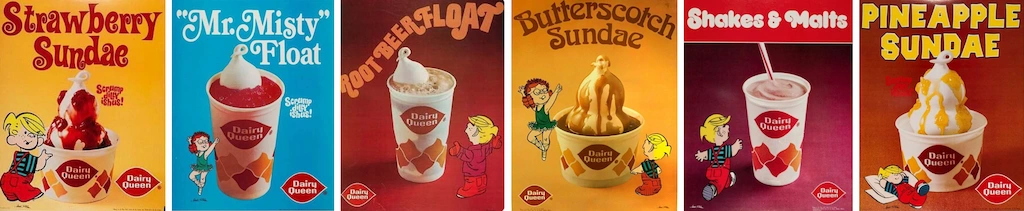 Six vintage Dairy Queen poster ads showing Strawberry Sundae, Mr Misty Float, Root Beer Float, Butterscotch Sundae, Shakes and Malts, and Pineapple Sundae with playful retro typography, isolated product shots on bold color backgrounds, and the classic red Dairy Queen logo with Dennis the Menace characters.