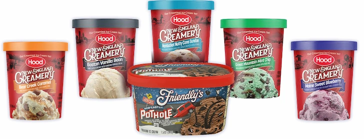 Five Hood New England Creamery ice cream tubs in orange, black, red, green, and purple lids showing flavors Bear Creek Caramel, Boston Vanilla Bean, Nantucket Nutty Cone Sundae, Green Mountain Mint Chip, and Maine Sweet Blueberry, with a Friendly's Monster Pothole 1.5 quart tub with red lid in the center foreground.