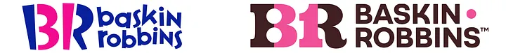 Side-by-side comparison of old vs new Baskin-Robbins logos — left shows vintage blue and pink BR with lowercase baskin robbins script in blue, right shows current modern branding with brown and pink BR with hidden 31 and BASKIN ROBBINS in brown caps with pink dot — logo evolution before and after rebrand.