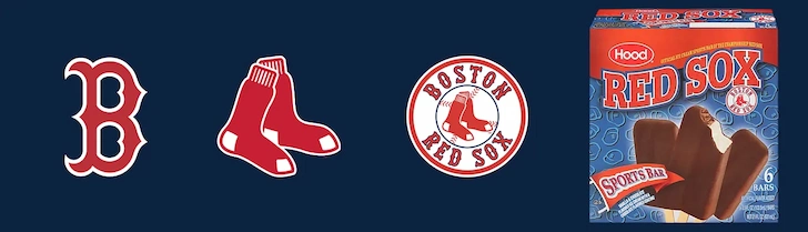 Comparison of authentic Boston Red Sox logo and sock icons versus Hood Red Sox Sports Bar packaging using generic sports styling