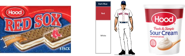 Side by side showing current Hood Red Sox Caramel Sandwich packaging with heavy slab serif arched type on red and blue gradient next to simple official Red Sox color balance of 60 percent white 30 percent red 10 percent dark blue and plain Hood sour cream cup