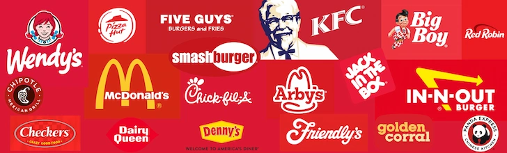 Collage of major American fast-food and casual dining restaurant logos arranged against a red background.