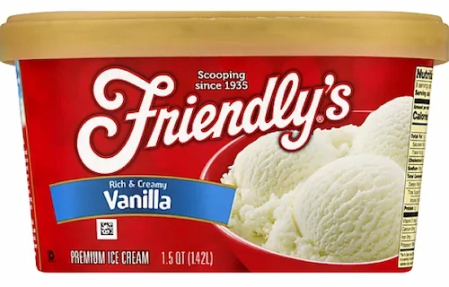 Red carton with white Friendlys logo centered at the top with three scoops of vanilla ice cream sitting in a color saturated red bowl on the right side.