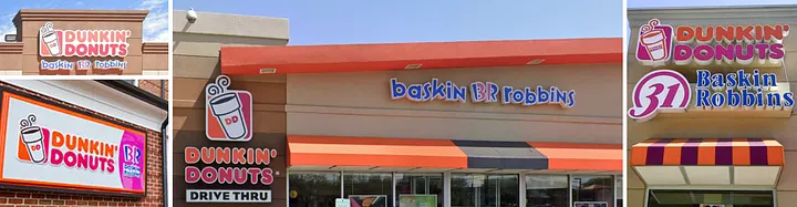 Collage of four modern co-branded storefronts: each pairs the pink and orange Dunkin' Donuts coffee cup logo with Baskin-Robbins BR 31 signage, one with a brick facade, one with orange awning and blue baskin BR robbins letters, one with a DRIVE THRU sign, and one with a striped awning.