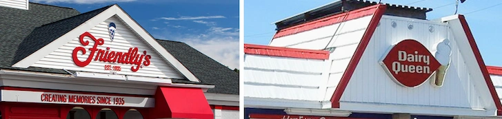 Side by side images of Friendly's and Dairy Queen resturants. Each is a white building with red logo.