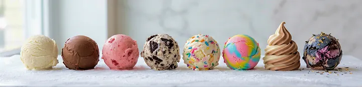 Row of eight assorted ice cream scoops on white surface by a window including vanilla, chocolate, strawberry, cookies and cream, funfetti with rainbow sprinkles, cotton candy swirl with blue yellow and pink, chocolate and vanilla soft serve twist, and galaxy black raspberry with gold flakes.