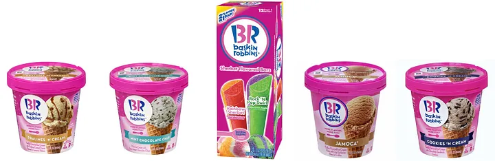 Five Baskin-Robbins products in a row: BR Pralines 'n Cream, Mint Chocolate Chip, a box of BR Baskin-Robbins Sherbet Flavored Bars showing Rock 'N Pop Swirl and Rainbow, Jamoca, and Cookies 'N Cream.