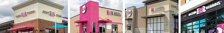 Four new standalone Baskin-Robbins stores side by side with contemporary minimalist architecture. Same suburban box form with varied pink color blocking, stripped of loud bubbly personality for cleaner rebranded identity, with standalong branding.