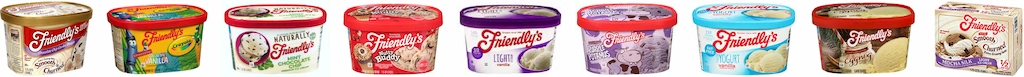 Row of nine various Friendly's special and limited flavors in unique packaging. Includes light varieties, Naturals, Nutty Buddy, Yogurts, Slow Churned, Egg Nog, Crayola 'Color Me Vanilla' and Purple Potamus.