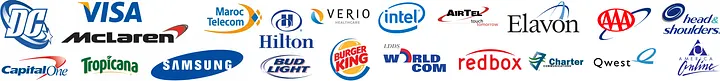 Collection of corporate logos from the late 1990s and early 2000s showing the swoosh branding fad with curved arcs, swirls, and boomerang shapes, including Visa, Samsung, Hilton, Burger King, Intel, and other brands that added unnecessary swish decorations.