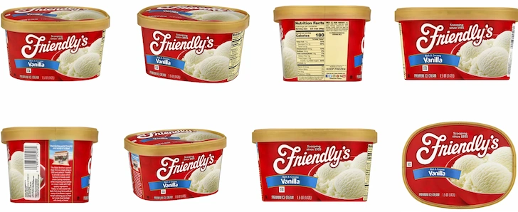 Eight different angles of Friendly's Vanilla flavor in the Red Bowl Trio carton design.