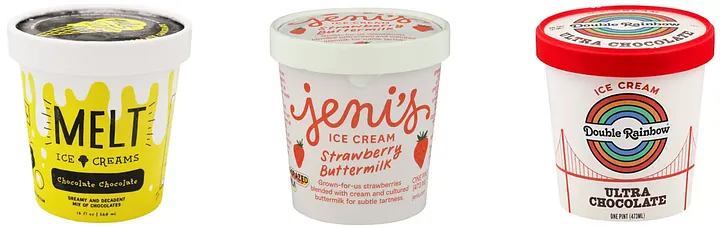 Three ice cream pints side by side: Melt Ice Creams Chocolate Chocolate in a yellow label tub, Jeni's Ice Cream Strawberry Buttermilk with red script and strawberry graphics, and Double Rainbow Ultra Chocolate with a rainbow bridge logo and red lid.