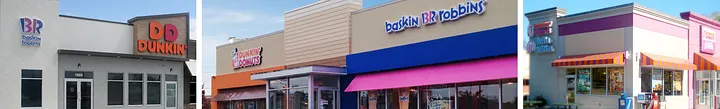 Collage of three modern co-branded stores: left shows gray Dunkin' with orange DD sign and BR on the side, center shows orange Dunkin' facade with pink awning and blue baskin BR robbins letters, right shows pink and white striped building with orange awnings and stacked Dunkin' / Baskin signs.