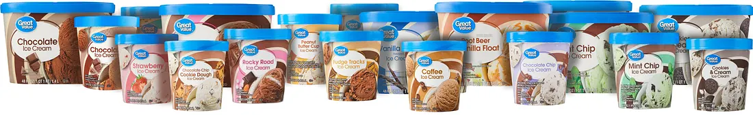 A wide lineup of Great Value ice cream tubs and pints in various sizes arranged on a white background. All have blue lids with the Great Value logo. Flavors visible include Chocolate, Strawberry, Rocky Road, Peanut Butter Cup, Fudge Tracks, Vanilla, Root Beer Float, Chocolate Chip, Mint Chip, and Cookies & Cream, with flavor images shown on the front of each container.