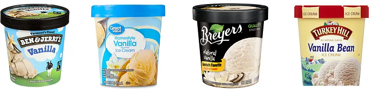 Four vanilla ice cream tubs side by side: Ben & Jerry's Vanilla, Great Value Homestyle Vanilla Ice Cream, Breyers Natural Vanilla, and Turkey Hill Vanilla Bean Ice Cream. All using traditional scoop photography for familiar low-risk products
