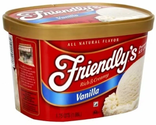 Red rounded carton, golden lid with white Friendlys lettering and a blue banner at the bottom with a vanilla ice cream scoop on the right side.