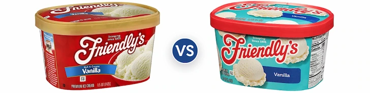 Old red Friendly's carton facing the new teal Friendly's carton with a VS. sign in the middle of both