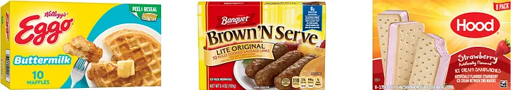 Side by side comparison of Kellogg's Eggo Buttermilk Waffles in yellow and blue box, Banquet Brown N Serve sausage links in red and yellow box, and Hood Strawberry Ice Cream Sandwiches in yellow and pink box, all sharing the same sunshine yellow burst and curved hill design language that reads as breakfast food packaging rather than frozen dessert.