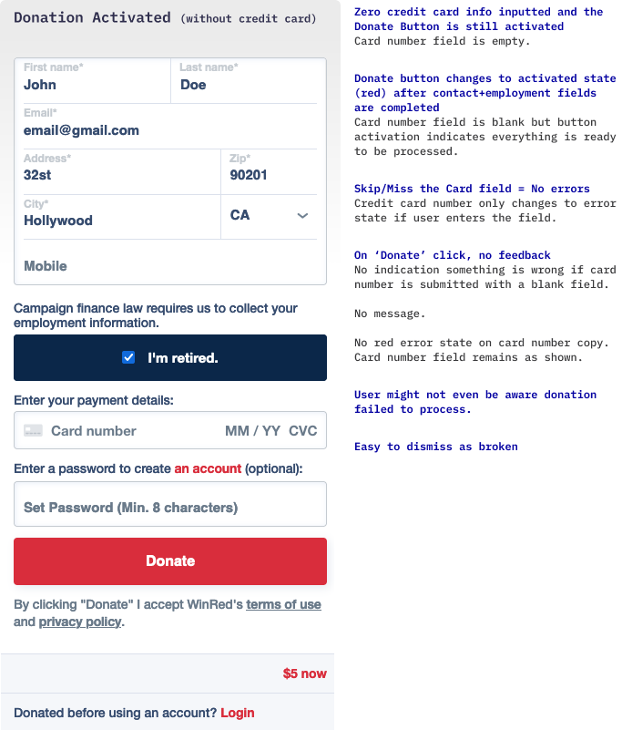 Full form image showing the blank card number field yet the Donate button is activated. Includes detailed issues on the side.