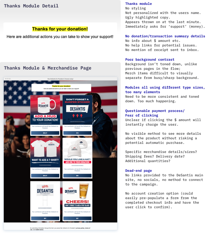 Detail of ‘Thanks’ message and view of full page of merchandise.
