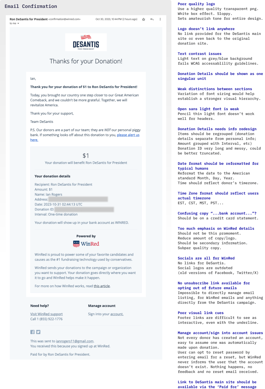 Email confirmation with campaign logo at the top, brief thank you, followed by donation details and details about the WinRed platform including their logo.