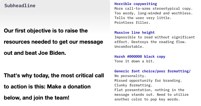 Copy ‘Our first objective is to raise the resources needed to get our message out and beat Joe Biden. That’s why today, the most critical call to action is this: Make a donation below, and join the team!’ To the right are list of section issues