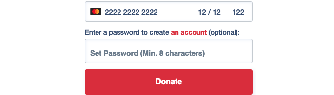 Credit card field. Under is the text: Enter a password to create an account (optional) placed above a Set Password field. Followed by the Donate button.