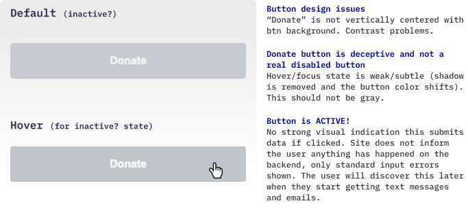 Donate buttons that appear inactive (gray). Default and hover states. Additional notes on issues appear to the right.