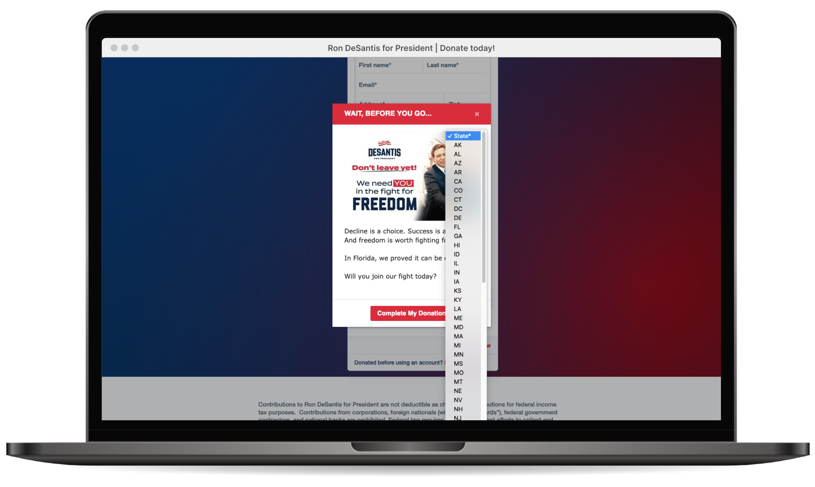 Showcasing the full website in a laptop and the state field drop down opened over the overlay modal.